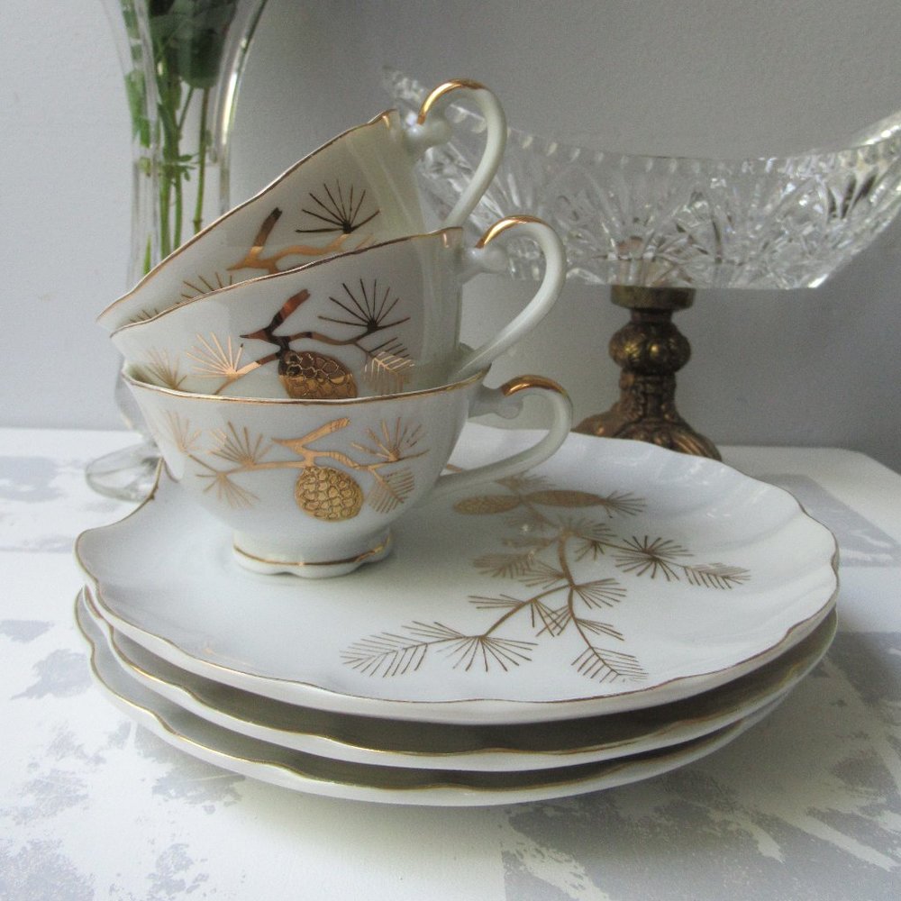 Fine Porcelain 3 Pairs Mug & Saucer Golden Pine, Japan